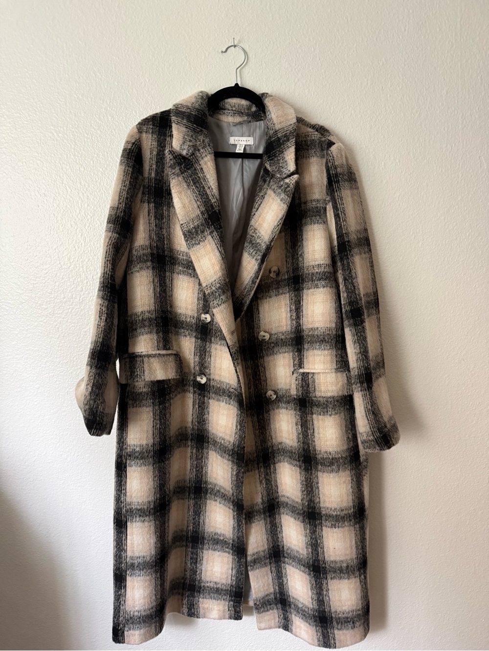 Topshop Black & Cream Plaid Double-Breasted Trench Coat - Size 16